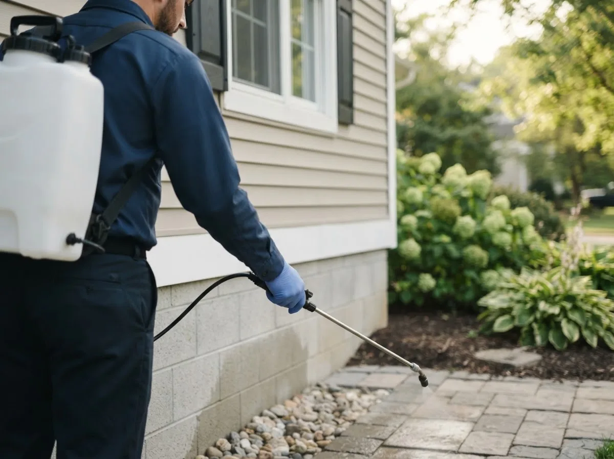 Pest control technician inspecting a home in Frankfort, OH
